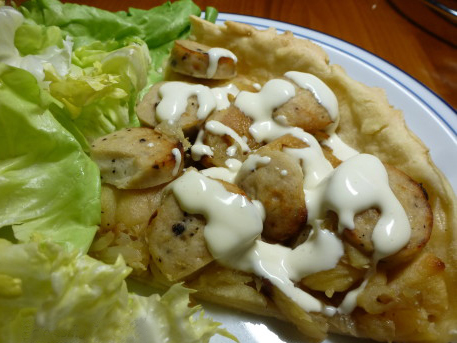 Tarte boudin blanc pommes de terre et crème moutarde